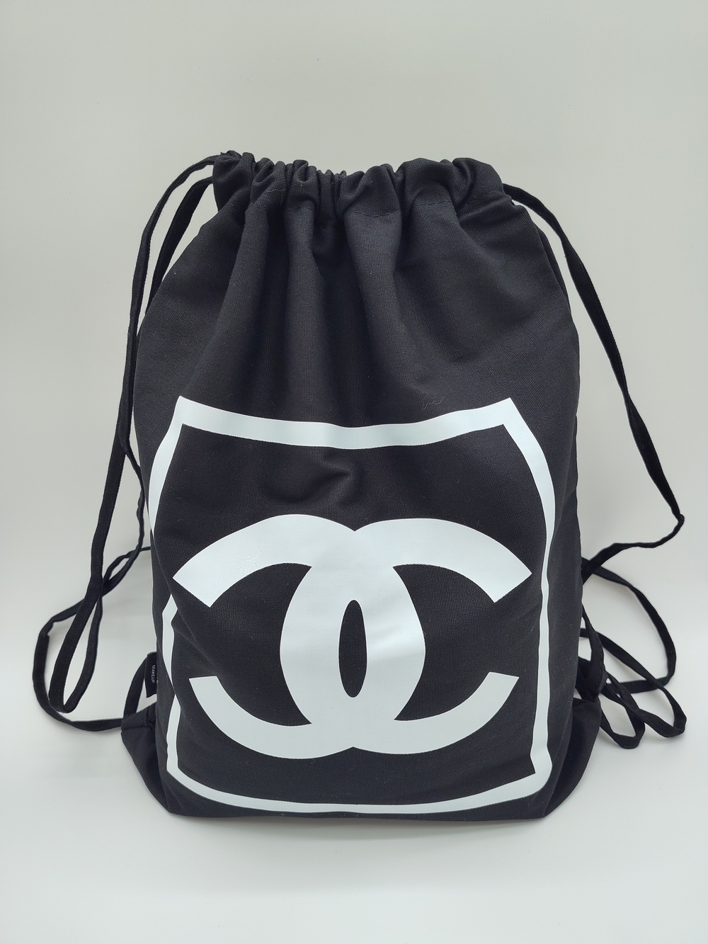 CHANEL Makeup Drawstring Canvas Backpack Black CC Logo Travel Gym Bag 16.5x12.5